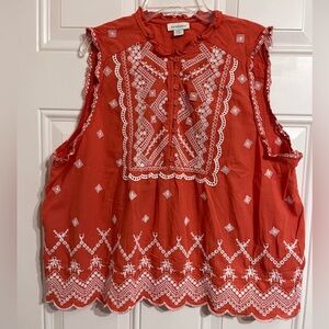 Sundance Eyelet Embroidered Cotton Blouse Women’s PXL Orange White Coastal Boho